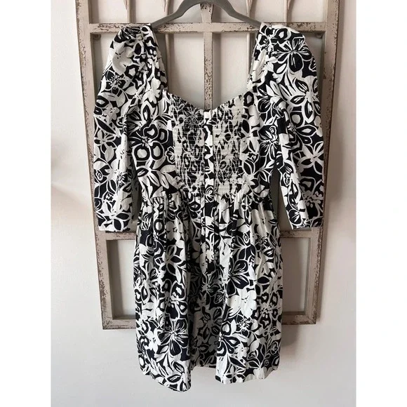 Cara Cara Hart Floral Puff Sleeve Cotton Minidress Black White Size 4 - Picture 4 of 7